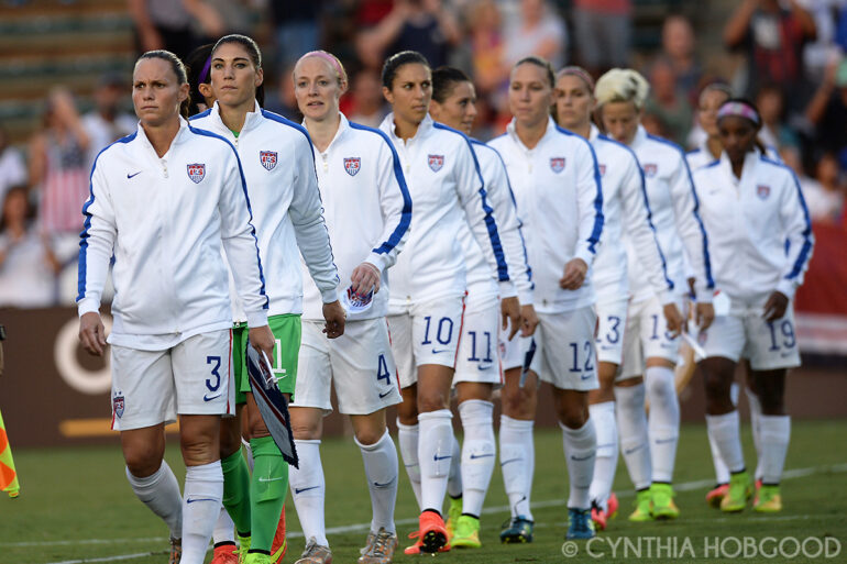 The U.S. Women's National Team lining up for introductions and national anthems before the friendly between the United States and Switzerland on August 20, 2014, in Cary, N.C.