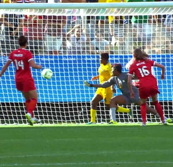 Canada's Janine Beckie scores against Zimbabwe.