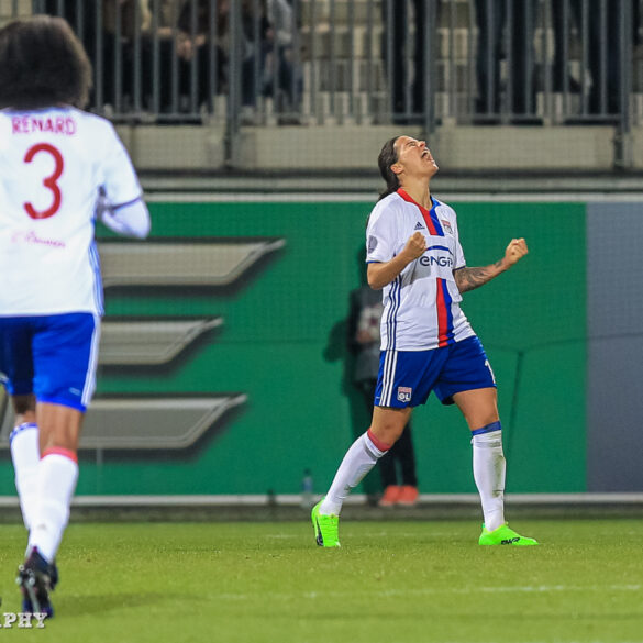 Dzsenifer Marozsán reacts after scoring Lyon's second goal.