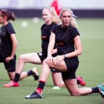 Allie Long of the Portland Thorns stretching during training. (Monica Simoes)