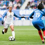 USA's Mallory Pugh takes on France's Griedge Mbock Bathy during the 2018 SheBelieves Cup. (Monica Simoes)