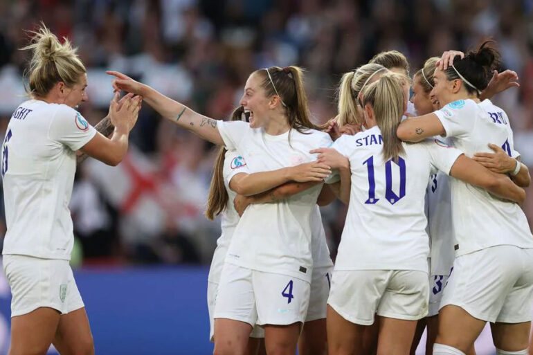 England celebrates during its Euro 2022 semifinal match against Sweden. (Getty Images)